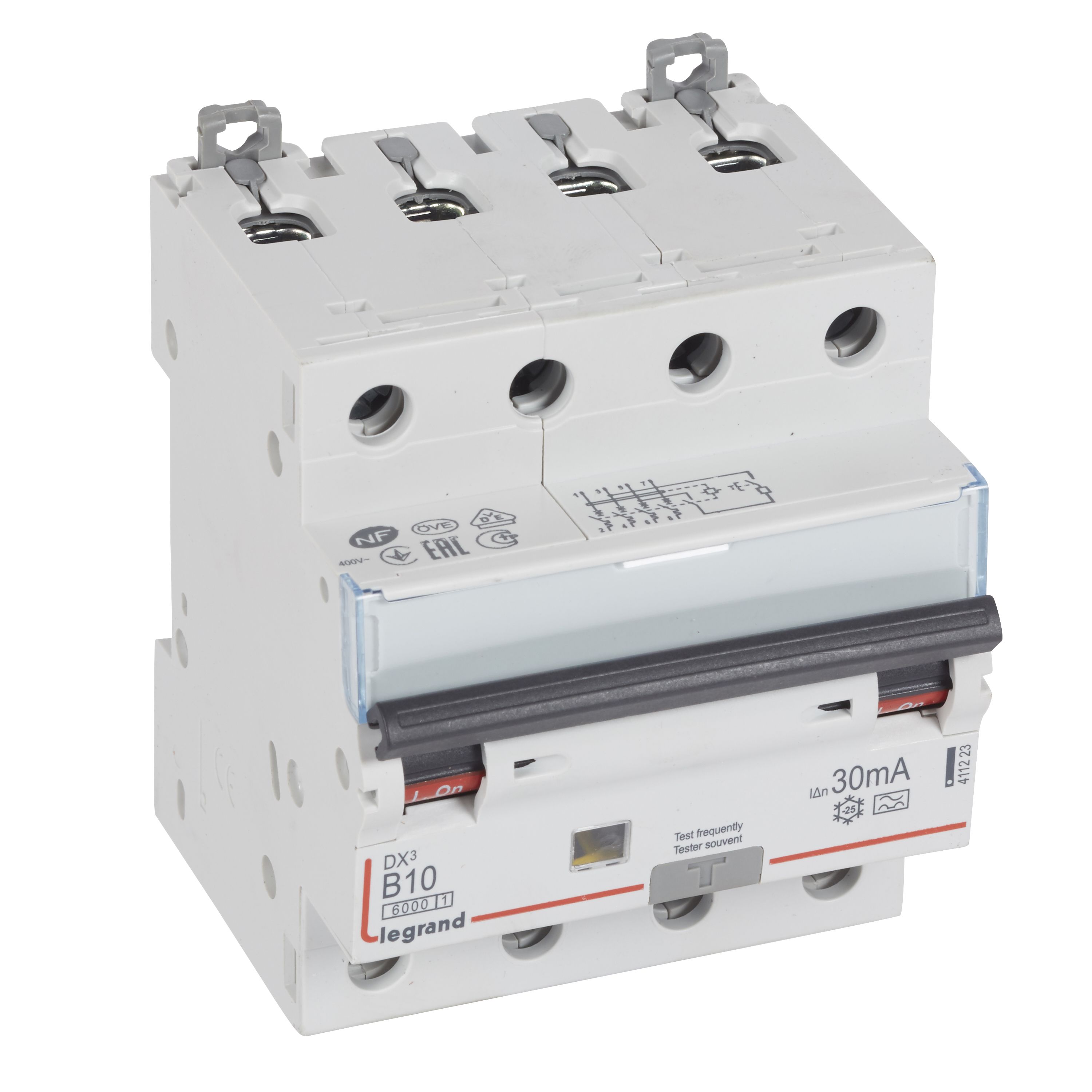 DX3 FI/LS-Schalter B-Charakteristik, 10A, 4-polig, 6kA, 30mA, Typ A, 400VAC, 4TE