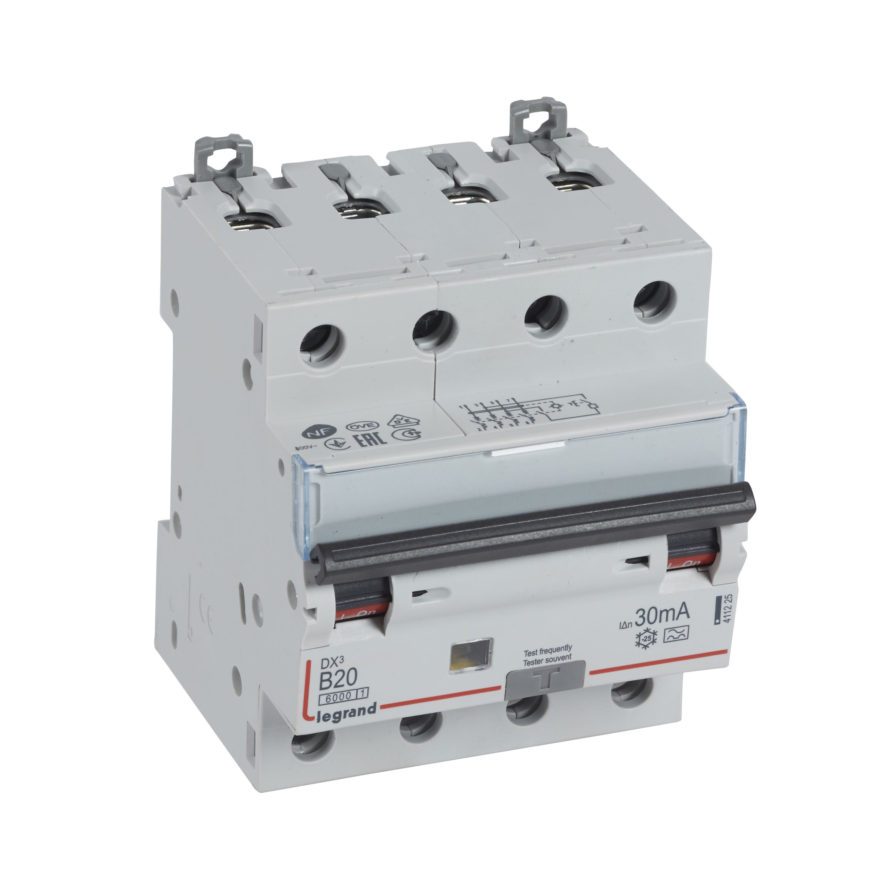 DX3 FI/LS-Schalter B-Charakteristik, 20A, 4-polig, 6kA, 30mA, Typ A, 400VAC, 4TE