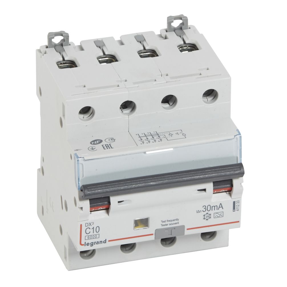 DX3 FI/LS-Schalter C-Charakteristik, 10A, 4-polig, 6kA, 30mA, Typ A, 400VAC, 4TE