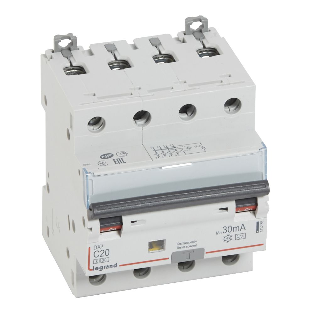 DX3 FI/LS-Schalter C-Charakteristik, 20A, 4-polig, 6kA, 30mA, Typ A, 400VAC, 4TE
