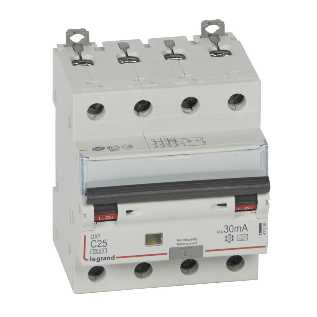 DX3 FI/LS-Schalter C-Charakteristik, 25A, 4-polig, 6kA, 30mA, Typ A, 400VAC, 4TE