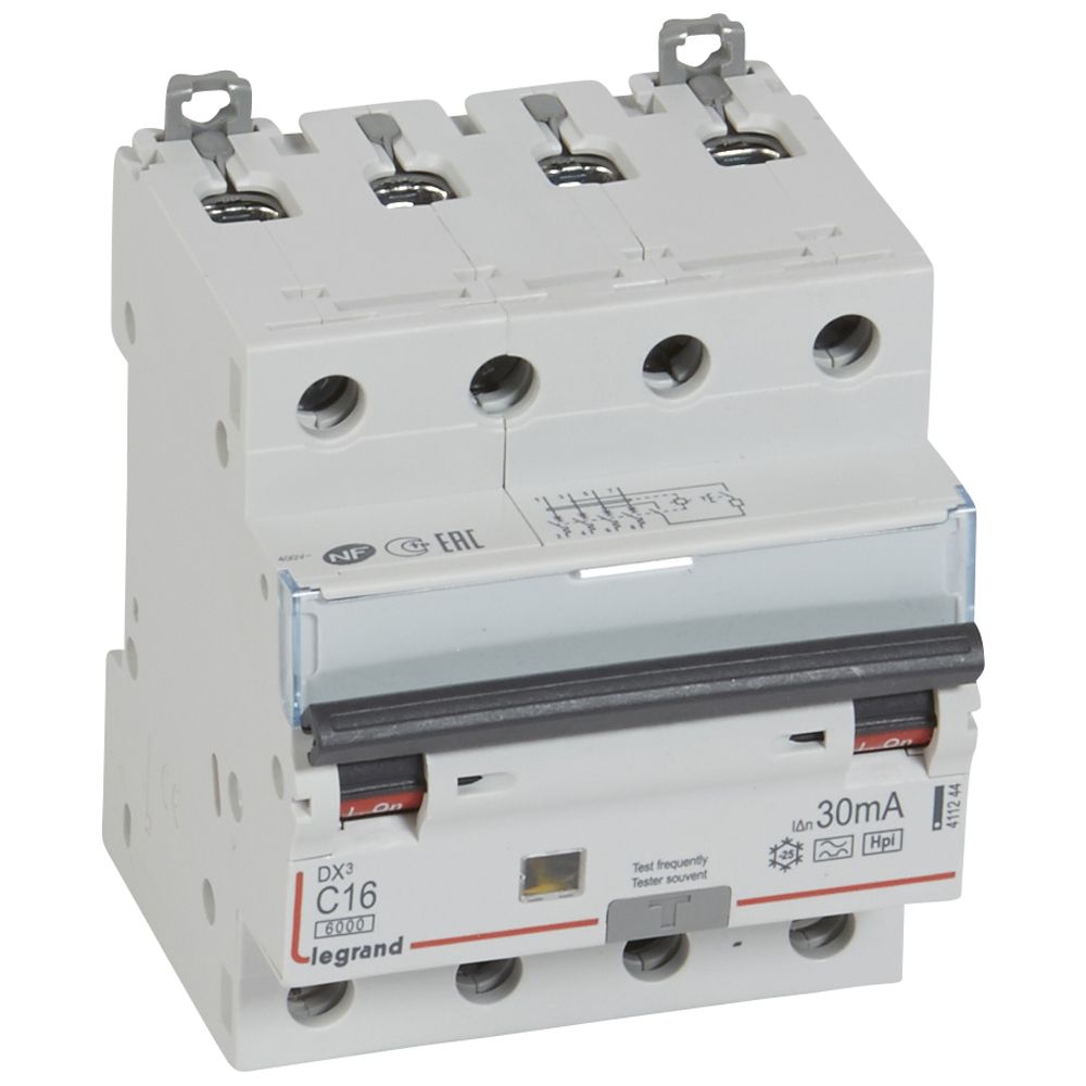 DX3 FI/LS-Schalter C-Charakteristik, 16A, 4-polig, 6kA, 30mA, Typ F, 400VAC, 4TE