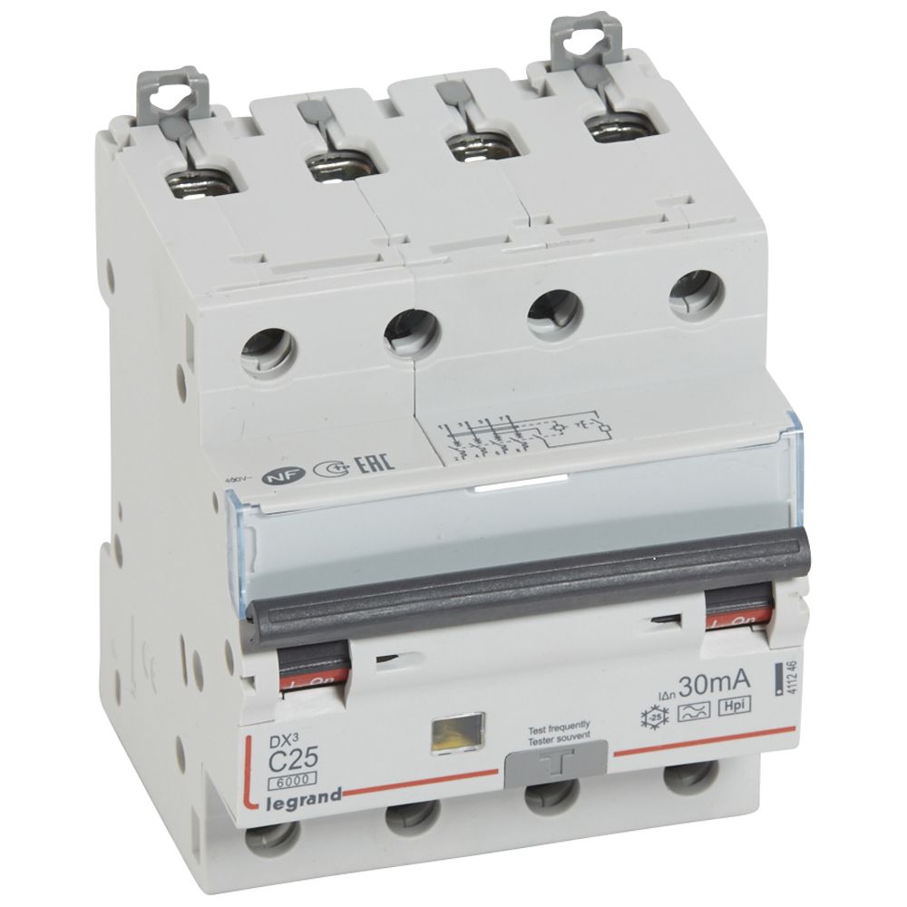 DX3 FI/LS-Schalter C-Charakteristik, 25A, 4-polig, 6kA, 30mA, Typ F, 400VAC, 4TE