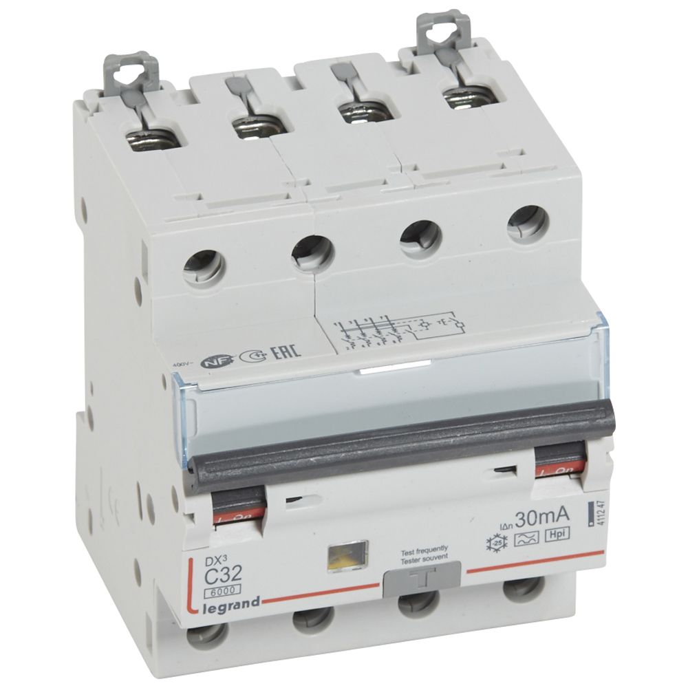 DX3 FI/LS-Schalter C-Charakteristik, 32A, 4-polig, 6kA, 30mA, Typ F, 400VAC, 4TE