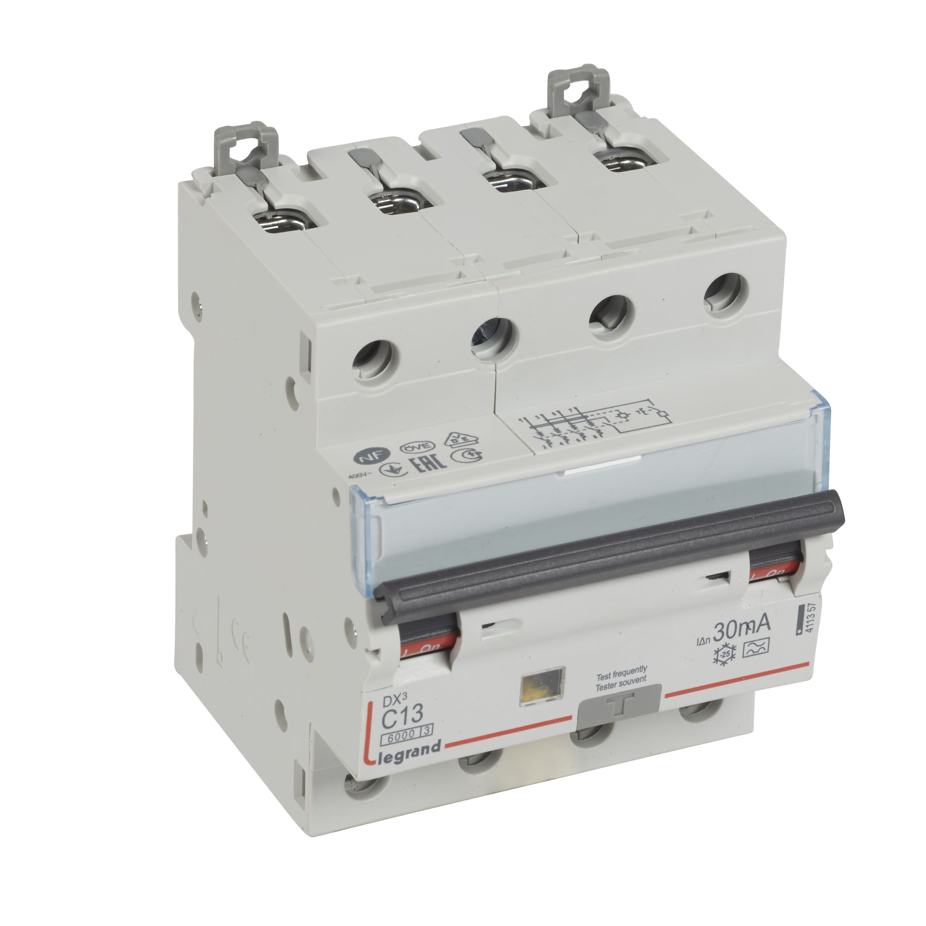 DX3 FI/LS-Schalter C-Charakteristik, 13A, 4-polig, 6kA, 30mA, Typ A, 400VAC, 4TE