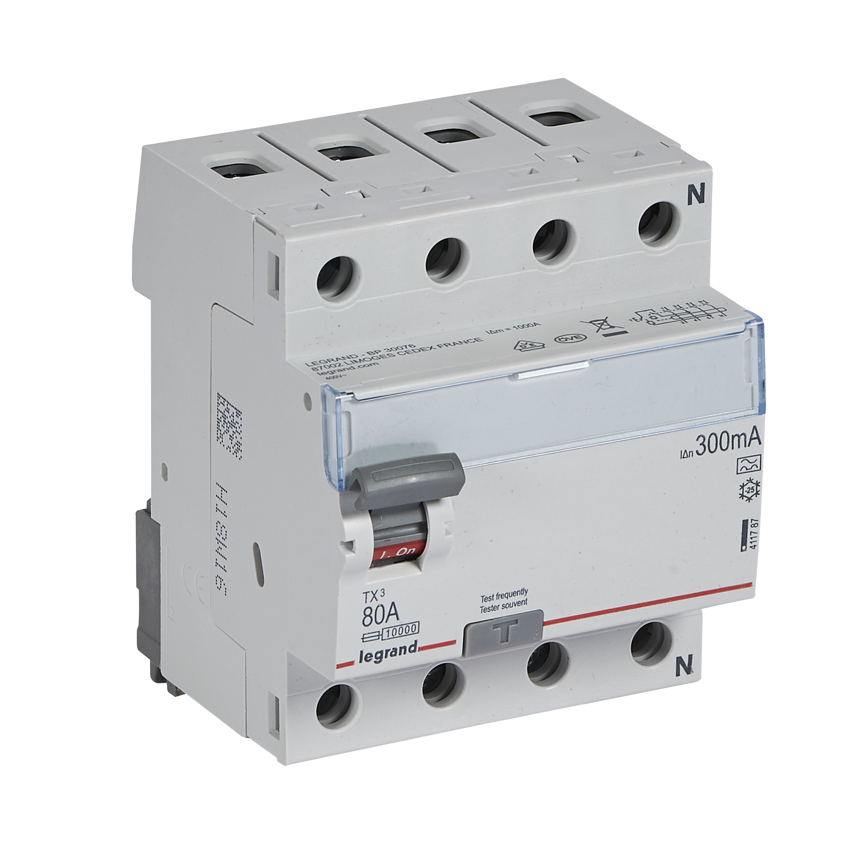 Legrand TX3 Fehlerstromschutzschalter 80A, 4-polig, 300mA, Typ A, 400VAC, 4TE