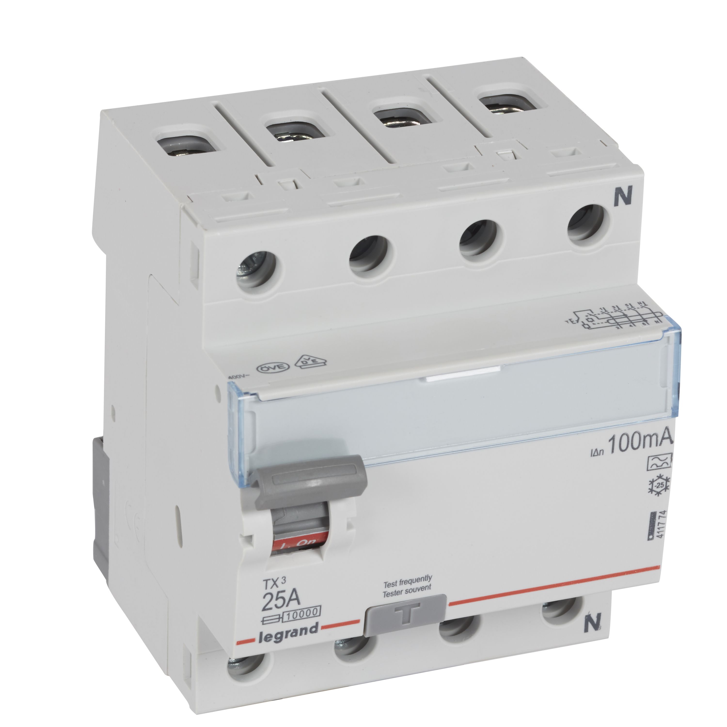 Legrand TX3 Fehlerstromschutzschalter 25A, 4-polig, 100mA, Typ A, 400VAC, 4TE