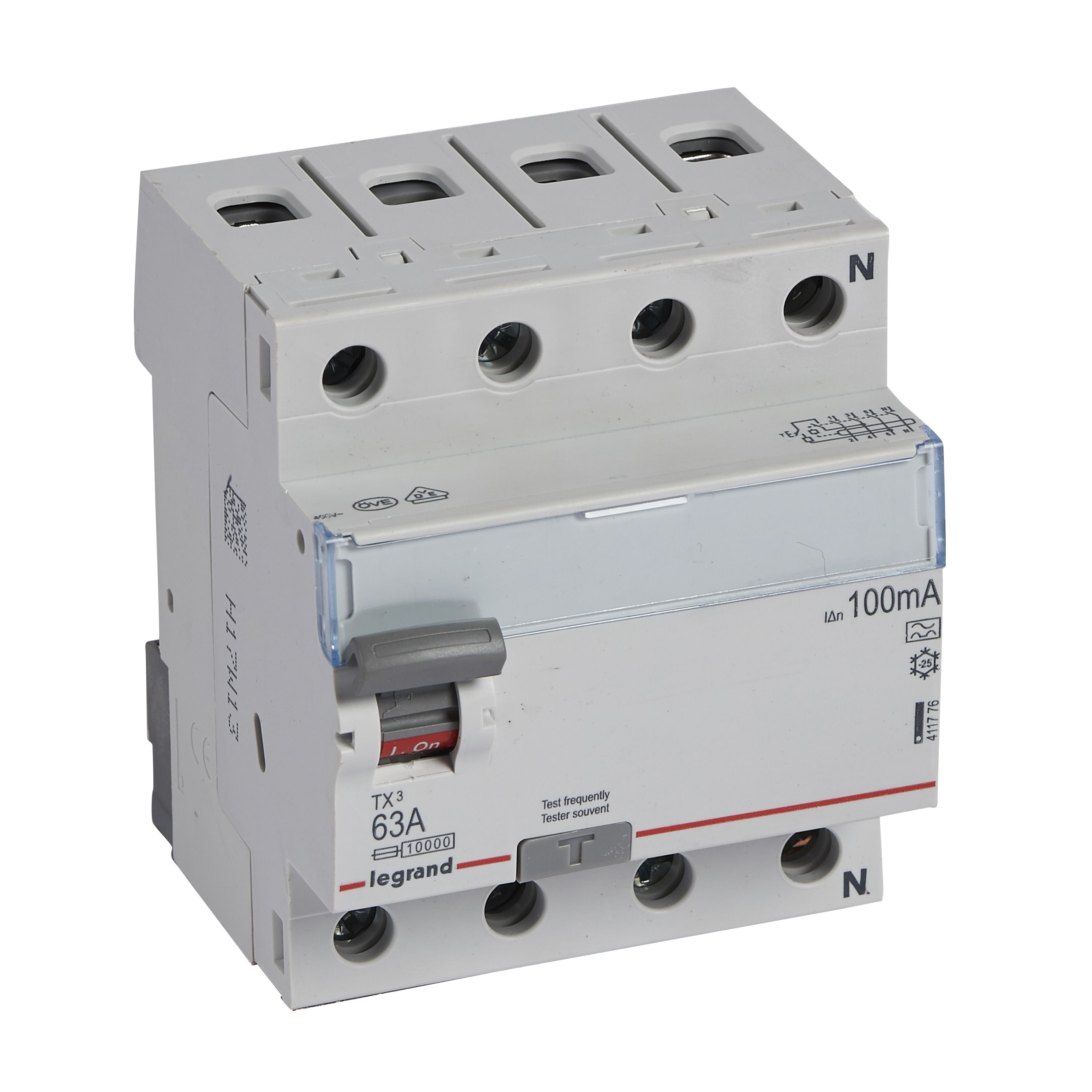 Legrand TX3 Fehlerstromschutzschalter 63A, 4-polig, 100mA, Typ A, 400VAC, 4TE Legrand TX3 Fehlerstromschutzschalter 63A, 4-polig, 100mA, Typ A, 400VAC, 4TE