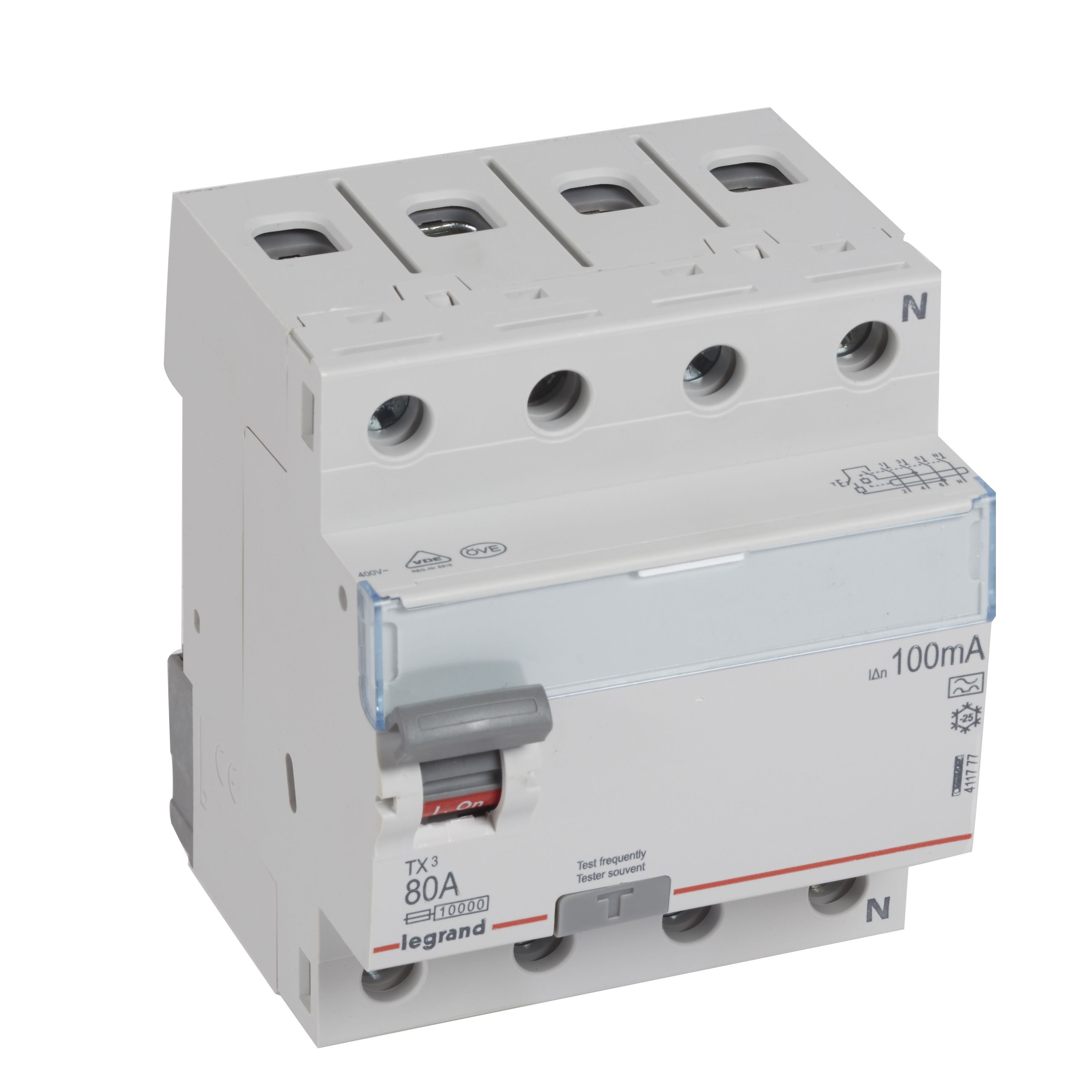 Legrand TX3 Fehlerstromschutzschalter 80A, 4-polig, 100mA, Typ A, 400VAC, 4TE Legrand TX3 Fehlerstromschutzschalter 80A, 4-polig, 100mA, Typ A, 400VAC, 4TE