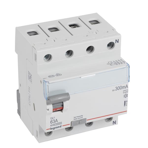 Legrand TX3 Fehlerstromschutzschalter 63A, 4-polig, 300mA, Typ A, 400VAC, 4TE Legrand TX3 Fehlerstromschutzschalter 63A, 4-polig, 300mA, Typ A, 400VAC, 4TE
