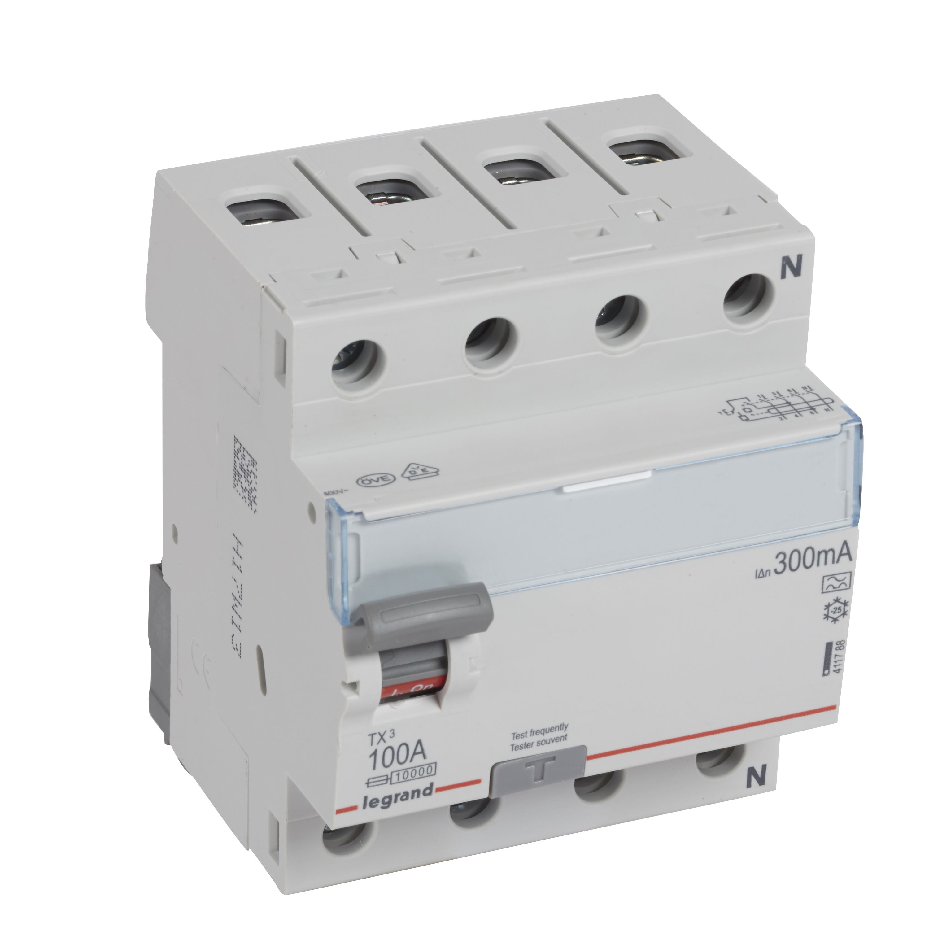 Legrand TX3 Fehlerstromschutzschalter 100A, 4-polig, 300mA, Typ A, 400VAC, 4TE Legrand TX3 Fehlerstromschutzschalter 100A, 4-polig, 300mA, Typ A, 400VAC, 4TE