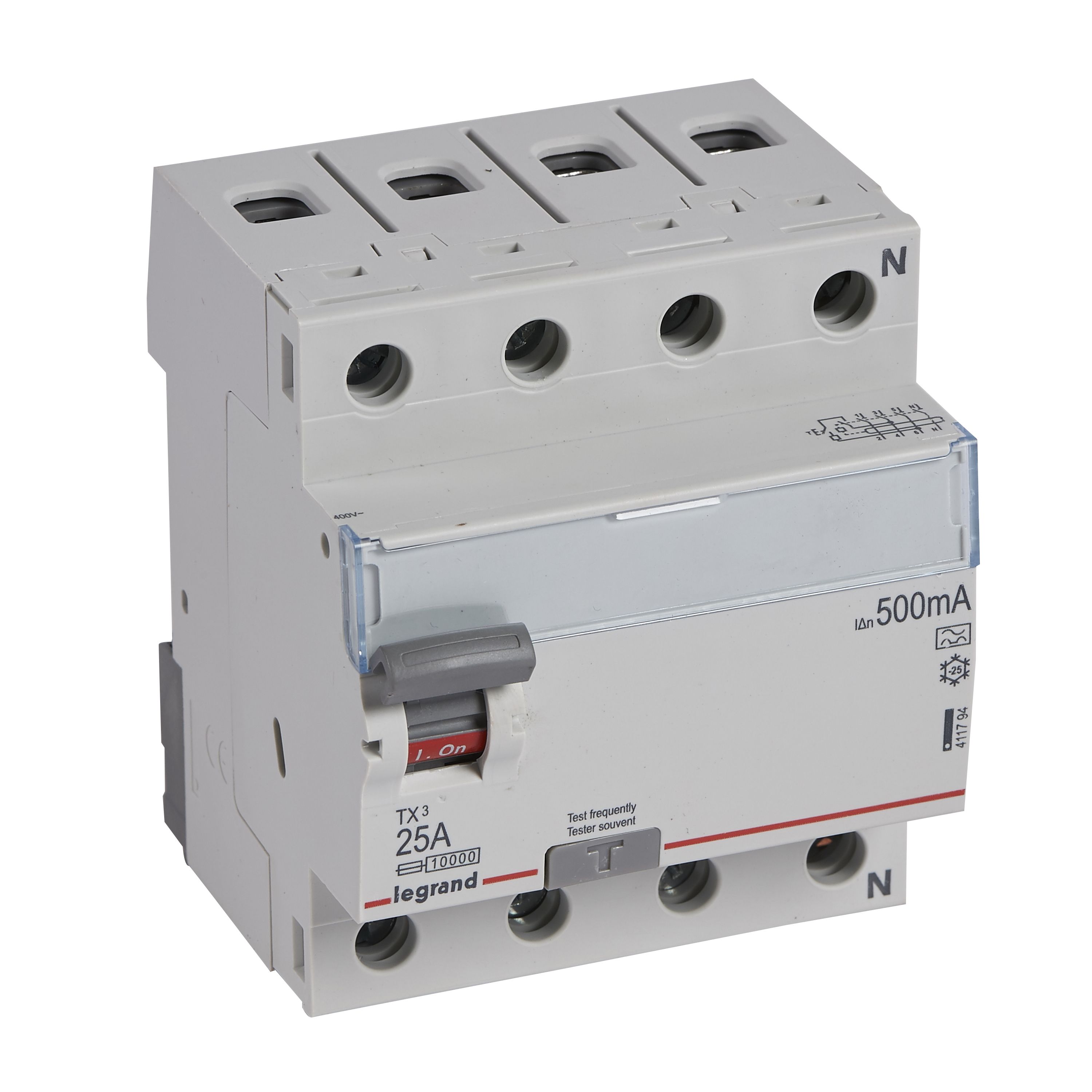 Legrand TX3 Fehlerstromschutzschalter 25A, 4-polig, 500mA, Typ A, 400VAC, 4TE Legrand TX3 Fehlerstromschutzschalter 25A, 4-polig, 500mA, Typ A, 400VAC, 4TE