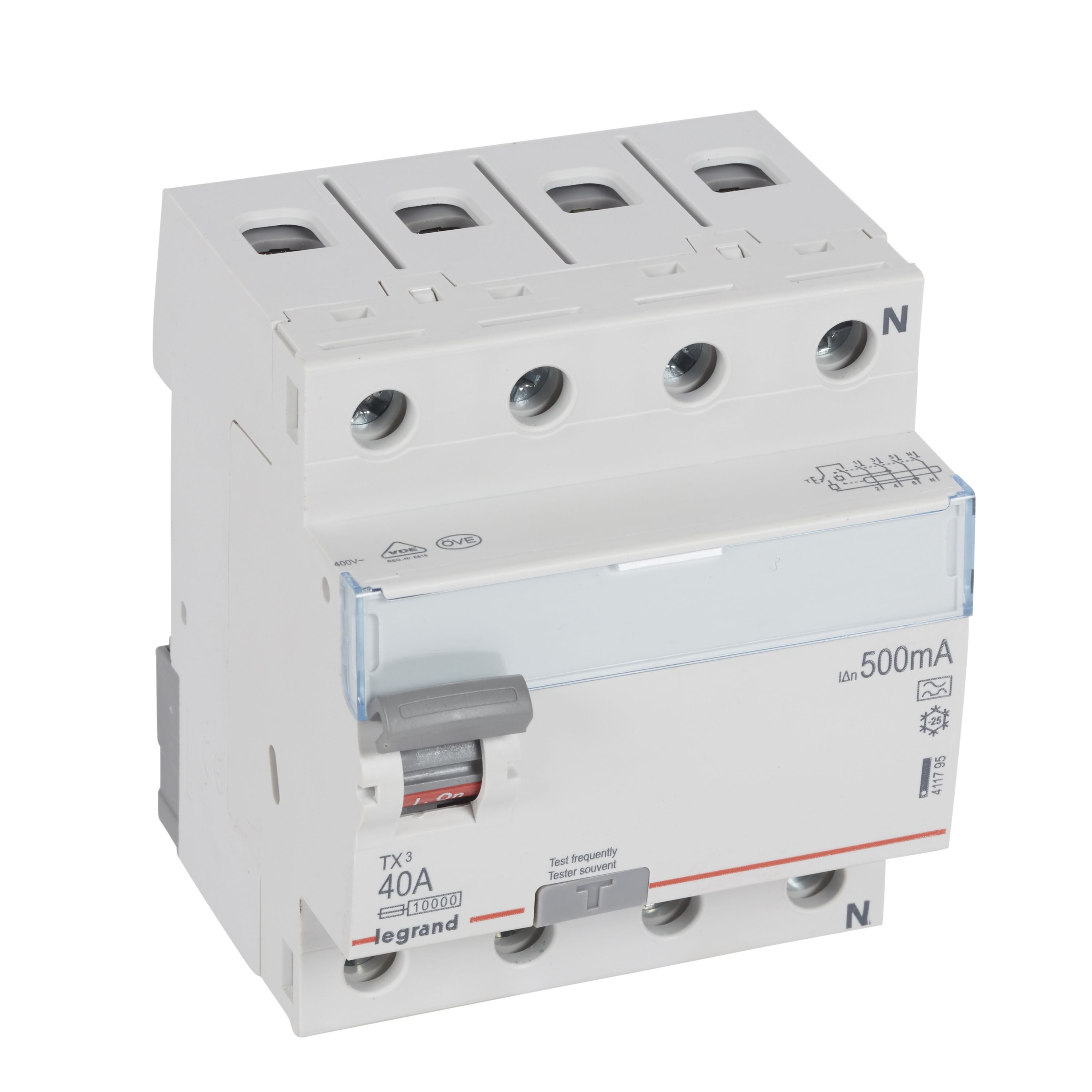 Legrand TX3 Fehlerstromschutzschalter 40A, 4-polig, 500mA, Typ A, 400VAC, 4TE Legrand TX3 Fehlerstromschutzschalter 40A, 4-polig, 500mA, Typ A, 400VAC, 4TE
