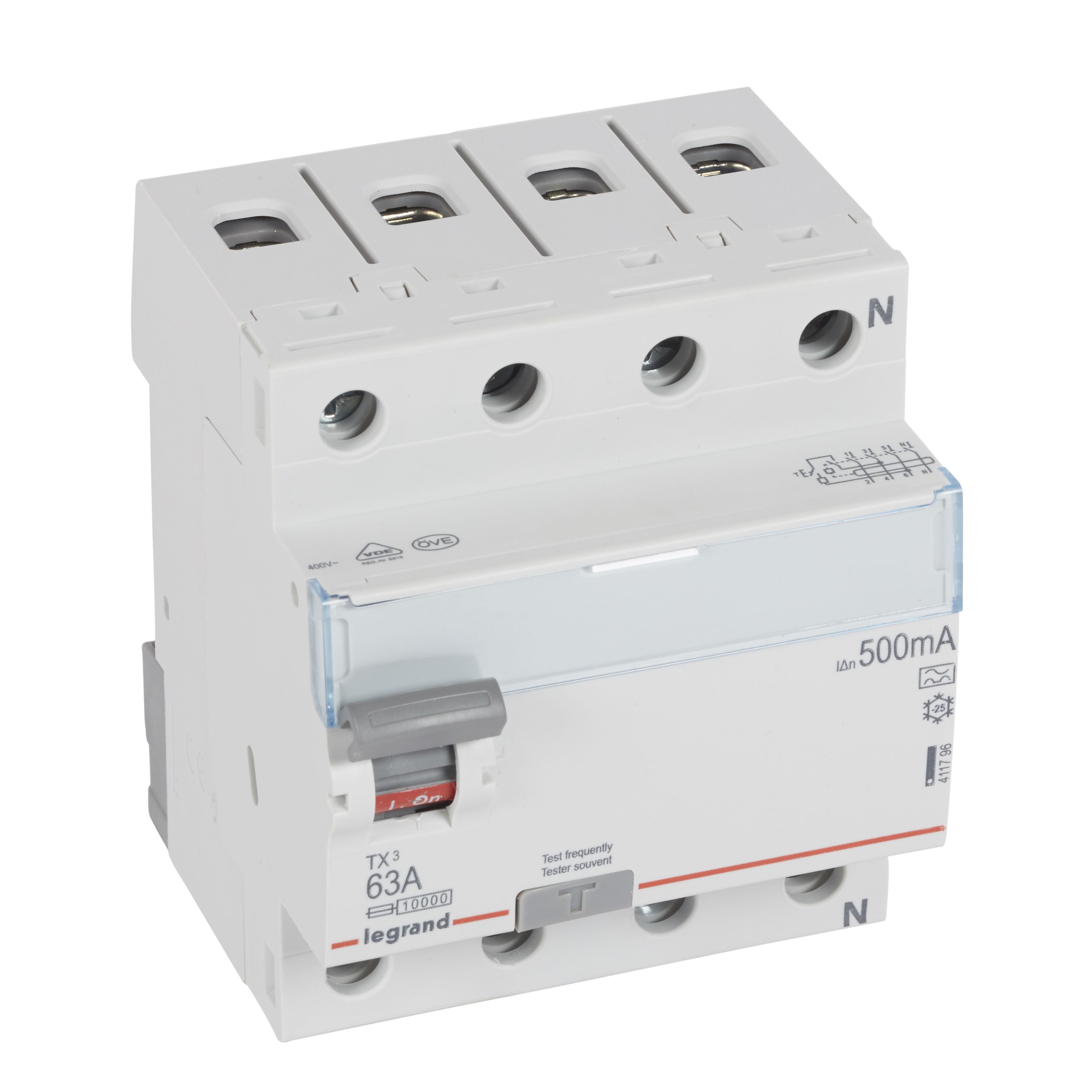 Legrand TX3 Fehlerstromschutzschalter 63A, 4-polig, 500mA, Typ A, 400VAC, 4TE Legrand TX3 Fehlerstromschutzschalter 63A, 4-polig, 500mA, Typ A, 400VAC, 4TE