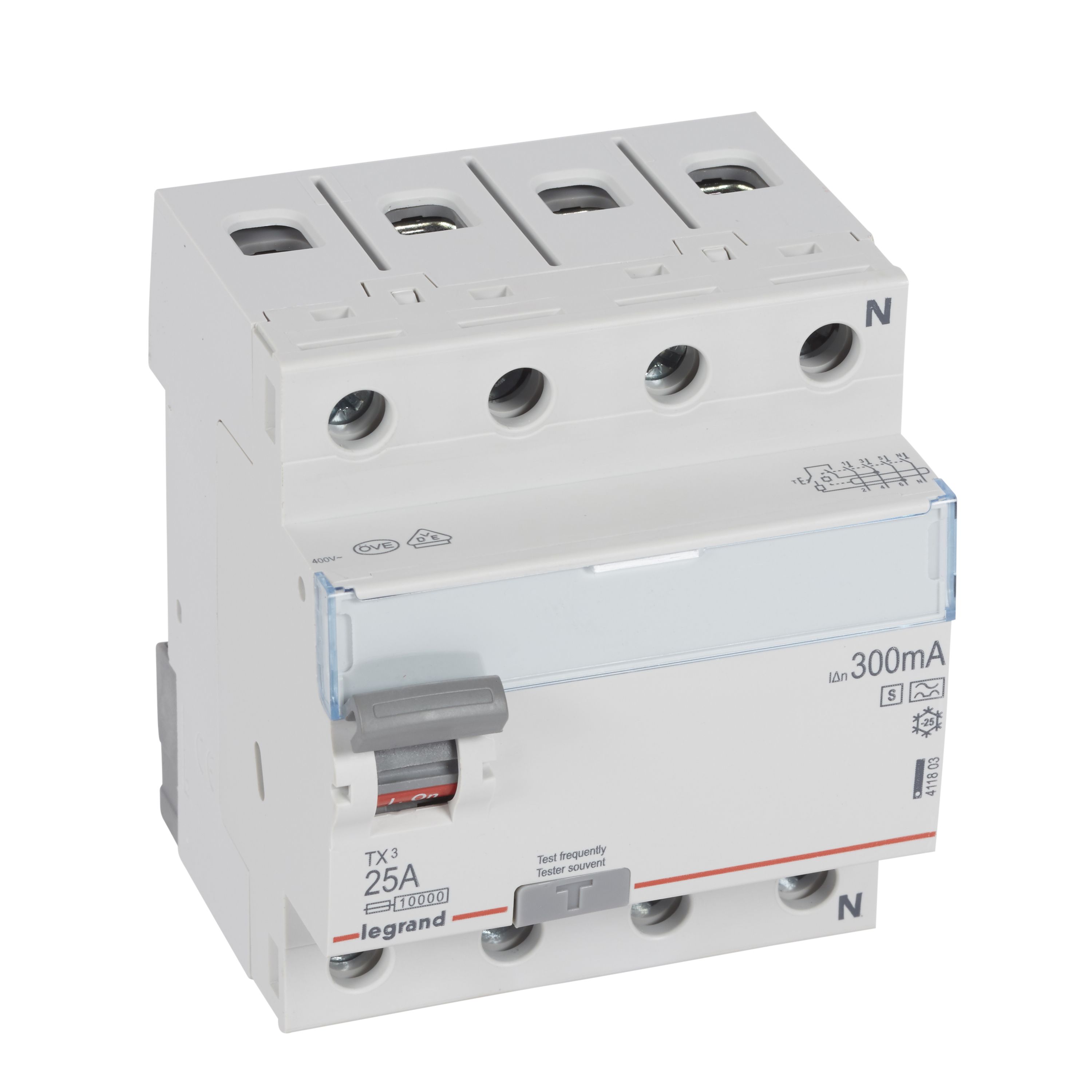 Legrand TX3 Fehlerstromschutzschalter 25A, 4-polig, 300mA, Typ A-S, 400VAC, 4TE Legrand TX3 Fehlerstromschutzschalter 25A, 4-polig, 300mA, Typ A-S, 400VAC, 4TE