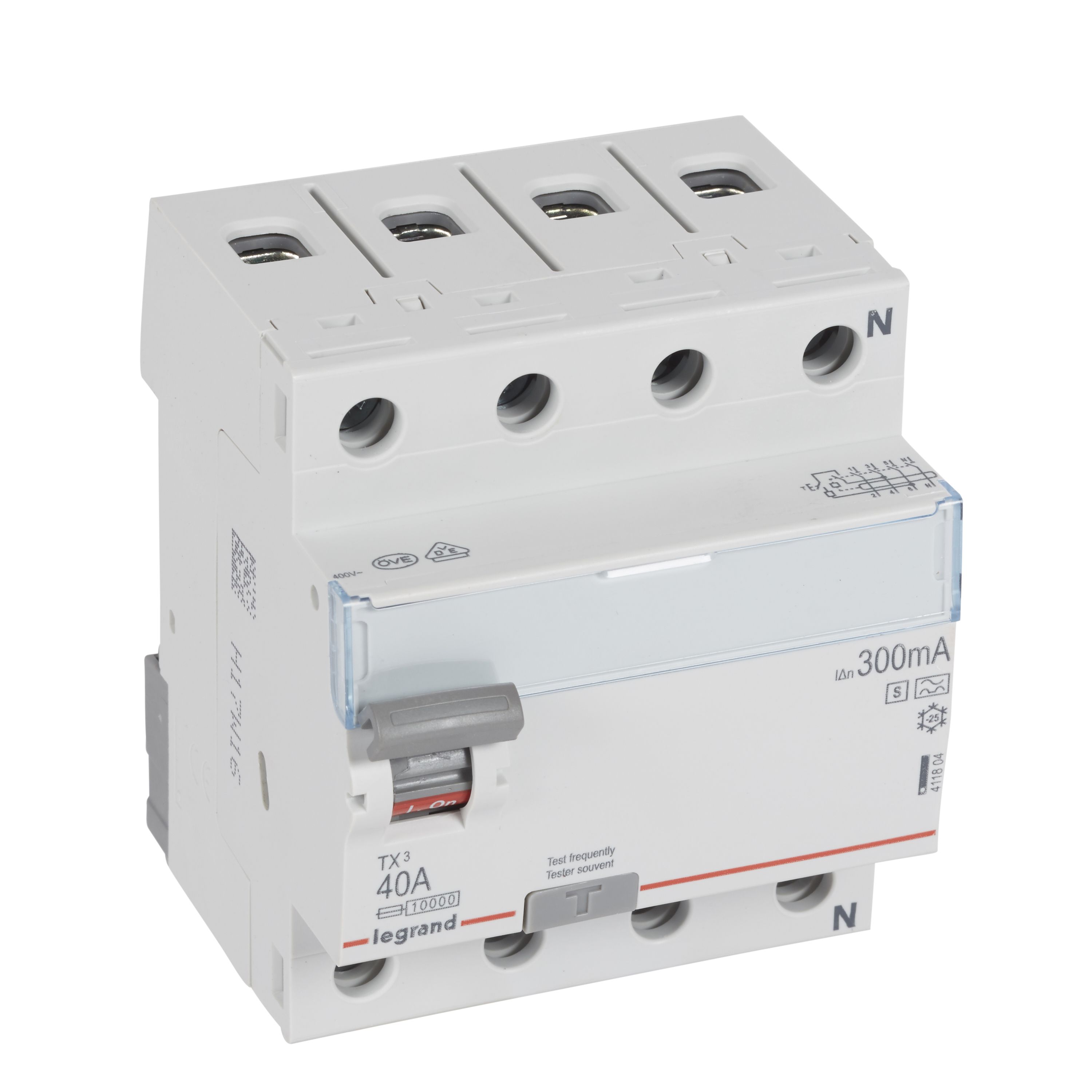 Legrand TX3 Fehlerstromschutzschalter 40A, 4-polig, 300mA, Typ A-S, 400VAC, 4TE Legrand TX3 Fehlerstromschutzschalter 40A, 4-polig, 300mA, Typ A-S, 400VAC, 4TE
