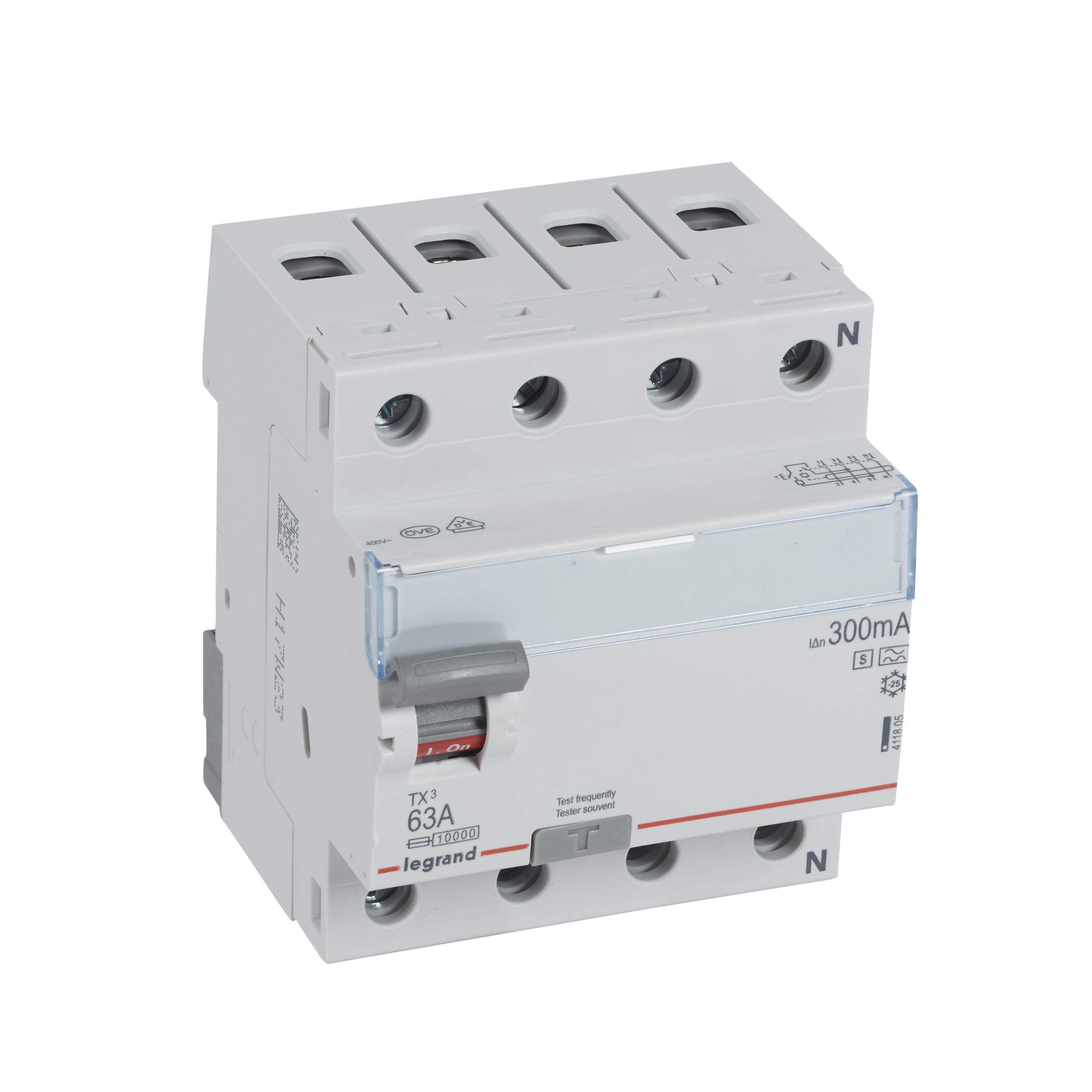 Legrand TX3 Fehlerstromschutzschalter 63A, 4-polig, 300mA, Typ A-S, 400VAC, 4TE Legrand TX3 Fehlerstromschutzschalter 63A, 4-polig, 300mA, Typ A-S, 400VAC, 4TE