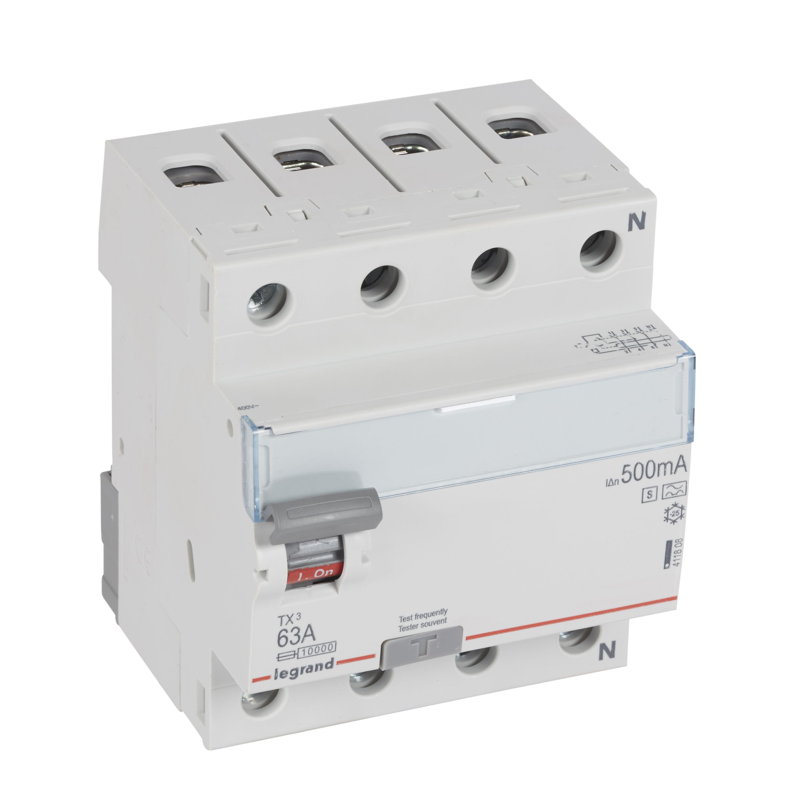 Legrand TX3 Fehlerstromschutzschalter 63A, 4-polig, 500mA, Typ A-S, 400VAC, 4TE Legrand TX3 Fehlerstromschutzschalter 63A, 4-polig, 500mA, Typ A-S, 400VAC, 4TE