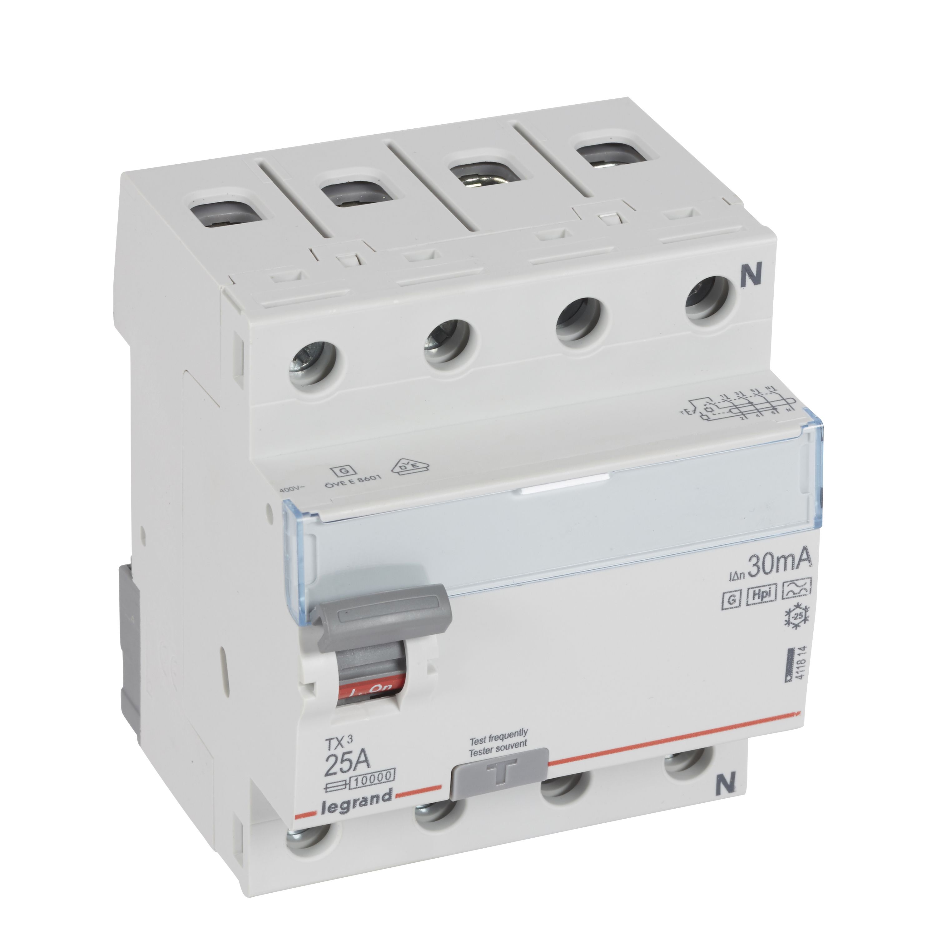 Legrand TX3 Fehlerstromschutzschalter 25A, 4-polig, 30mA, Typ F-G, 400VAC, 4TE Legrand TX3 Fehlerstromschutzschalter 25A, 4-polig, 30mA, Typ F-G, 400VAC, 4TE