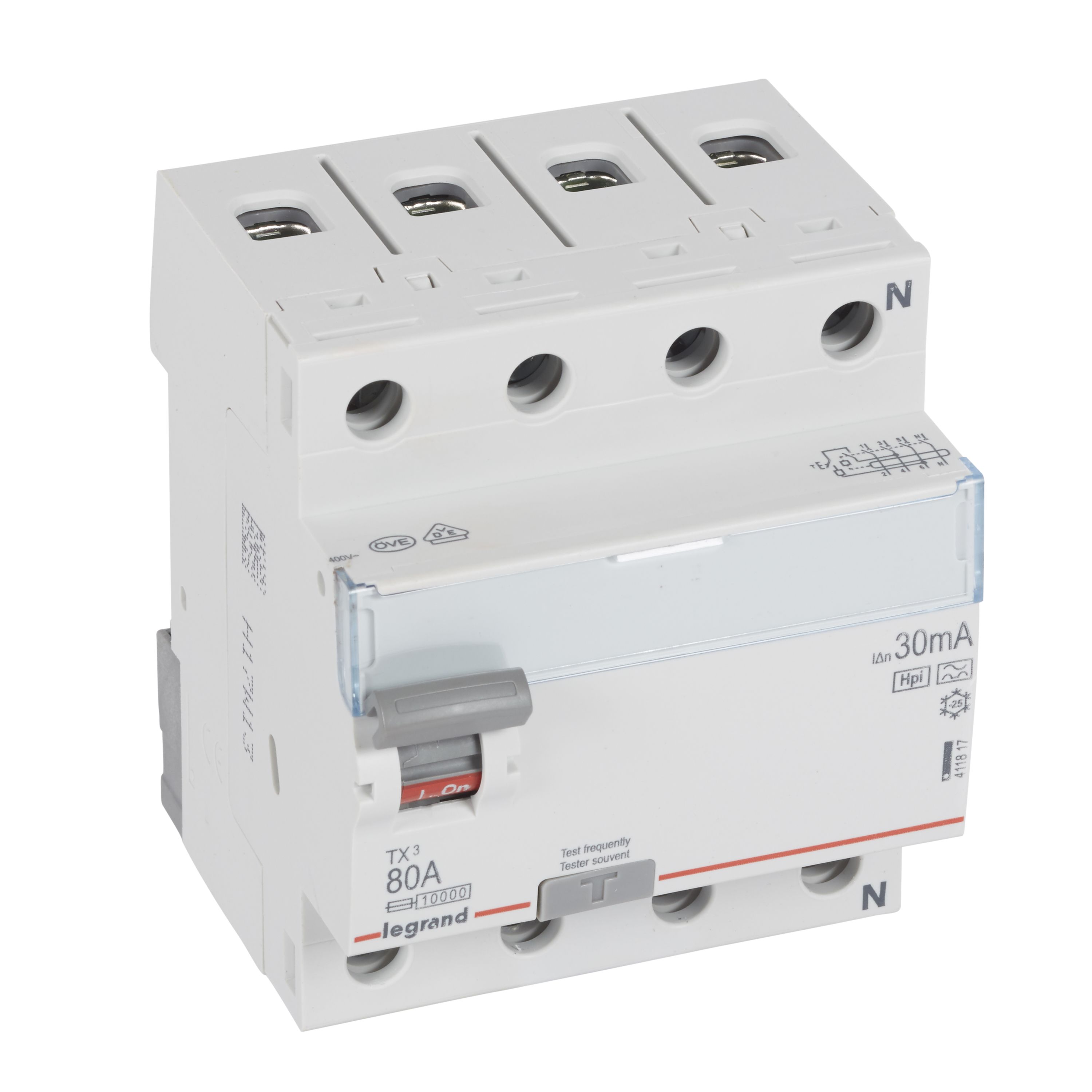 Legrand TX3 Fehlerstromschutzschalter 80A, 4-polig, 30mA, Typ F-G, 400VAC, 4TE Legrand TX3 Fehlerstromschutzschalter 80A, 4-polig, 30mA, Typ F-G, 400VAC, 4TE