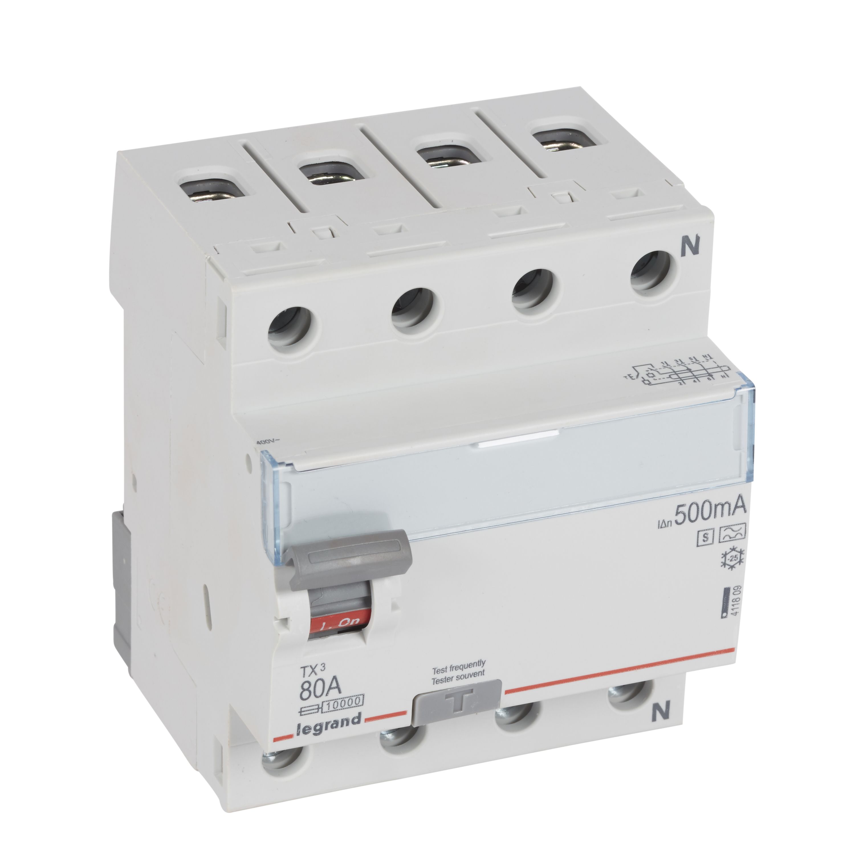 Legrand TX3 Fehlerstromschutzschalter 80A, 4-polig, 500mA, Typ A-S, 400VAC, 4TE Legrand TX3 Fehlerstromschutzschalter 80A, 4-polig, 500mA, Typ A-S, 400VAC, 4TE