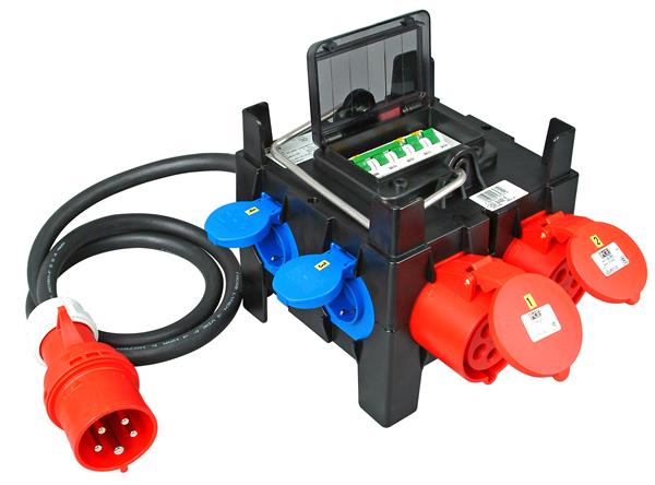 CEE-Mobilverteiler: Eingang: CEE-Steck. (32A, 400V), Ausgang: 2x CEE-Steckdose 4