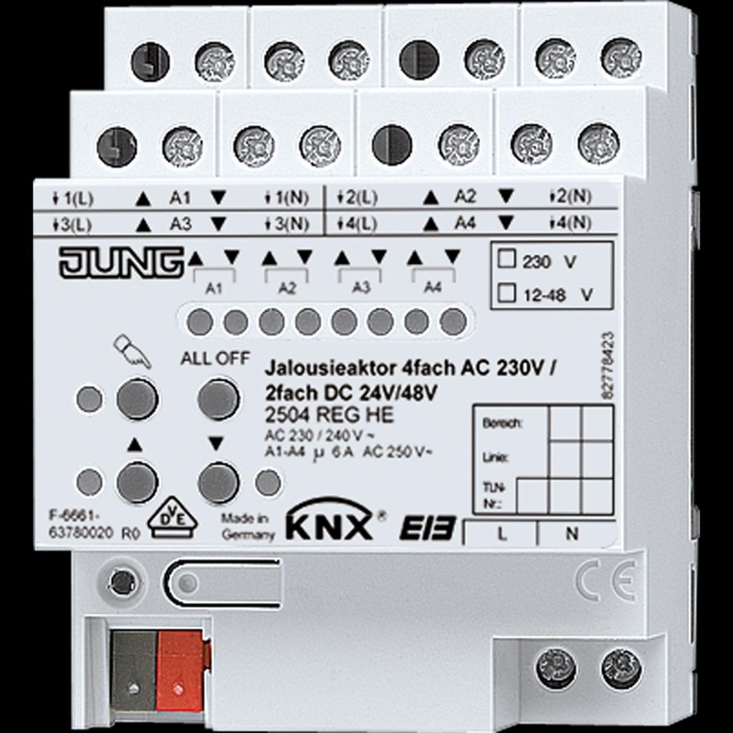 Jung KNX Jalousieaktor 4fach AC 110-230 V, 2fach DC 12-48 V, REG, 4 TE