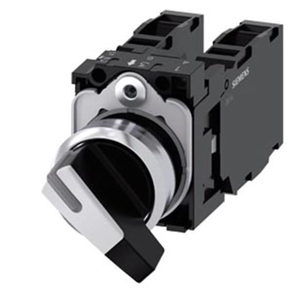 Siemens Knebelschalter, 22mm, rund, Metall, hochglanz, weiß, verrastend, 1S+1S