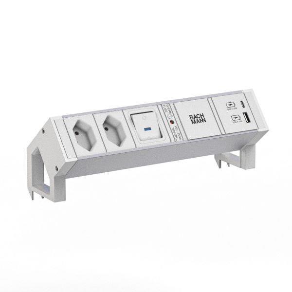Bachmann Steckdosenleiste DESK2 ALU WHITE 2xCH 0° 1xSchalter 1xUSB