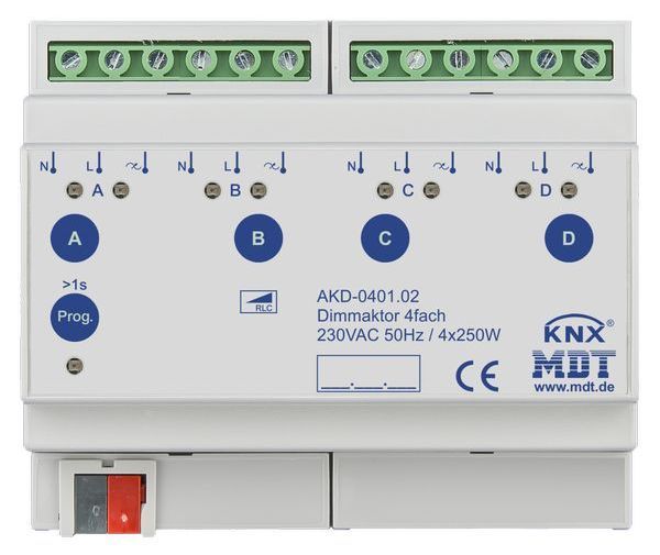 MDT KNX Dimmaktor 4-fach, 6TE REG, 250 W, 230 V AC mit Wirkleistungsmessung