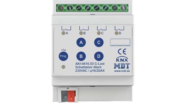 MDT KNX Schaltaktor 4-fach, 4TE REG, 16/20 A, 230 V AC, C-Last, Industrie, 200 µ