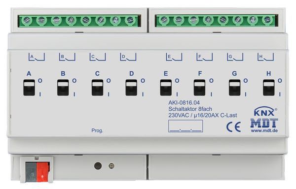 MDT KNX Schaltaktor 8-fach, 8TE REG, 16/20 A, 230 V AC, C-Last, Industrie, 200 µ