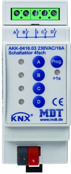 MDT KNX Schaltaktor 4-fach, 2TE REG, 16 A, 230 V AC, Kompakt, 70 µF, 10 EVG