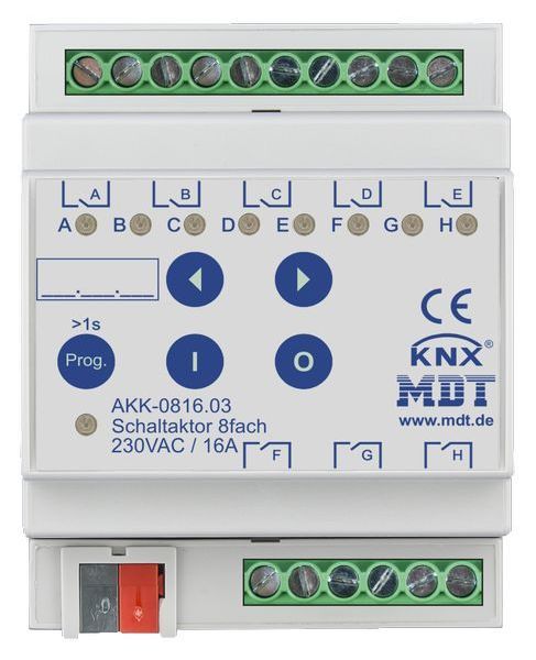 MDT KNX Schaltaktor 8-fach, 4TE REG, 16 A, 230 V AC, Kompakt, 70 µF, 10 EVG