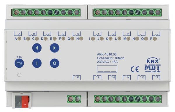 MDT KNX Schaltaktor 16-fach, 8TE REG, 16 A, 230 V AC, Kompakt, 70 µF, 10 EVG